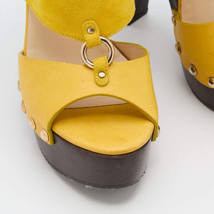Pre Owned Jimmy Choo Yellow Suede And Leather United Platform Ankle Strap Sandals Size 40