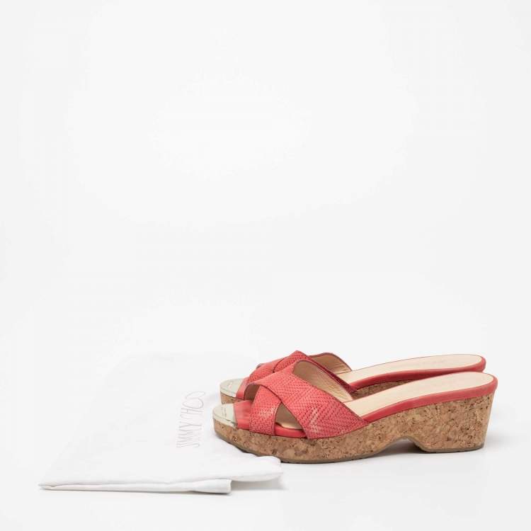 Pre Owned Jimmy Choo Pink Leather Prima Cork Wedge Slide Sandals Size 39