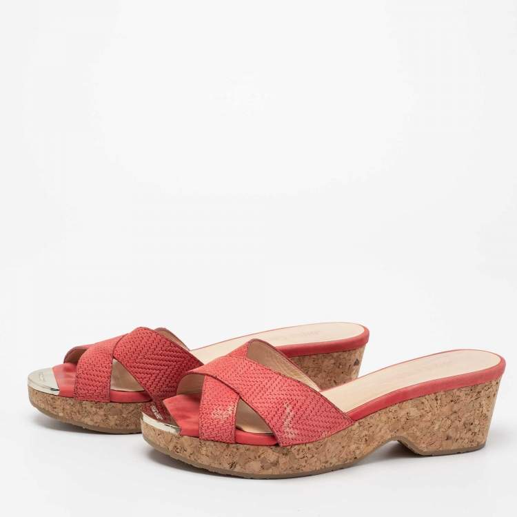 Pre Owned Jimmy Choo Pink Leather Prima Cork Wedge Slide Sandals Size 39