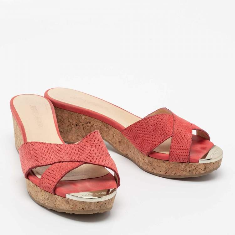 Pre Owned Jimmy Choo Pink Leather Prima Cork Wedge Slide Sandals Size 39