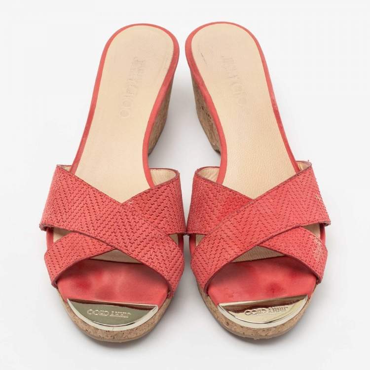 Pre Owned Jimmy Choo Pink Leather Prima Cork Wedge Slide Sandals Size 39