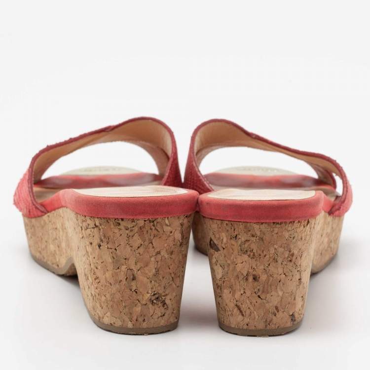 Pre Owned Jimmy Choo Pink Leather Prima Cork Wedge Slide Sandals Size 39