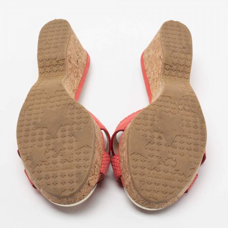 Pre Owned Jimmy Choo Pink Leather Prima Cork Wedge Slide Sandals Size 39