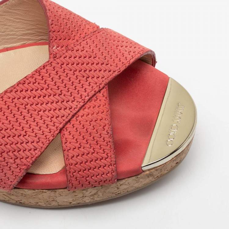 Pre Owned Jimmy Choo Pink Leather Prima Cork Wedge Slide Sandals Size 39