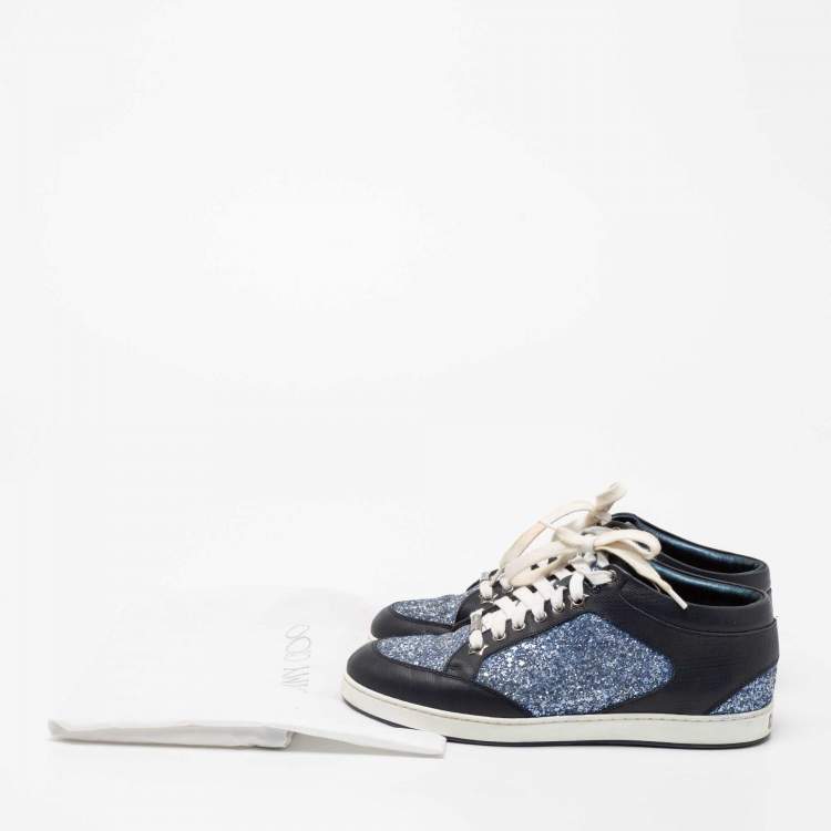 Pre Owned Jimmy Choo Blue Glitter And Leather Low Top Sneakers Size 38