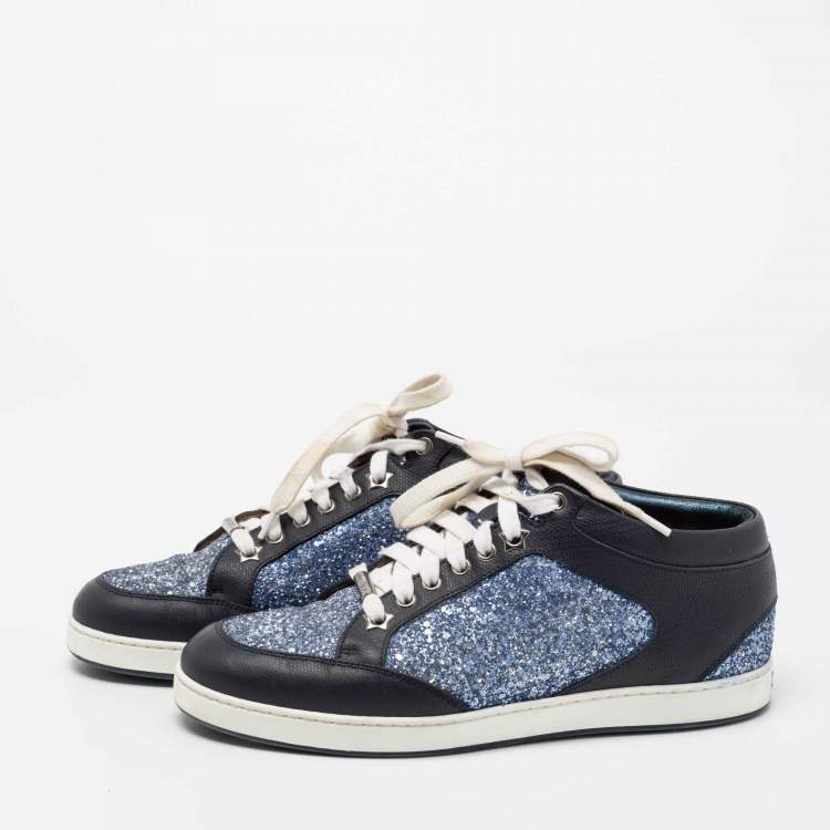 Pre Owned Jimmy Choo Blue Glitter And Leather Low Top Sneakers Size 38