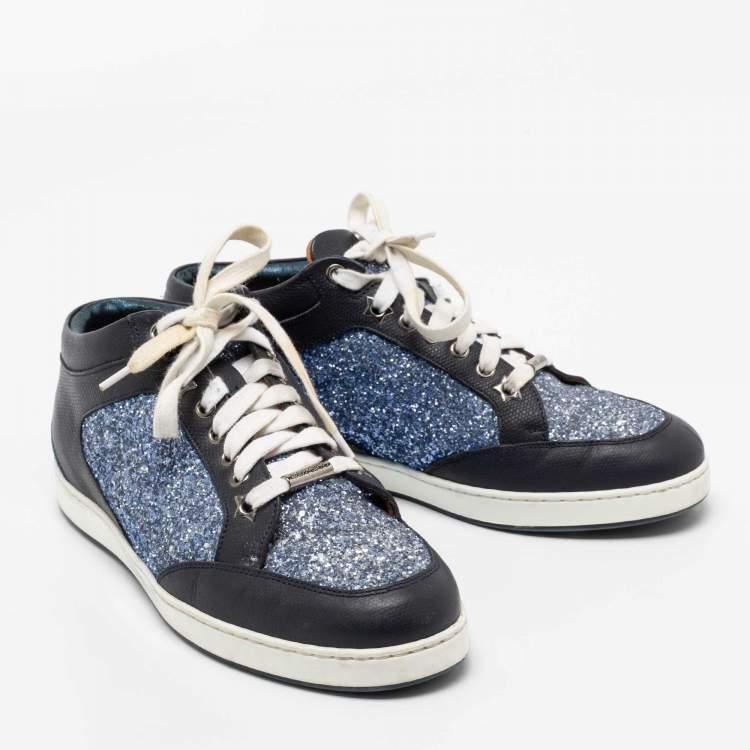 Pre Owned Jimmy Choo Blue Glitter And Leather Low Top Sneakers Size 38