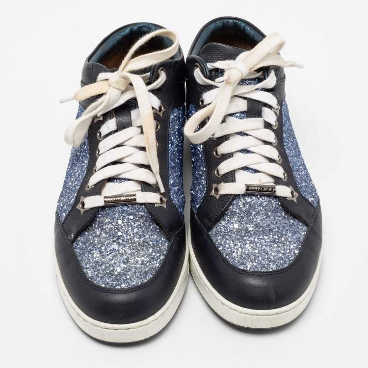 Pre Owned Jimmy Choo Blue Glitter And Leather Low Top Sneakers Size 38
