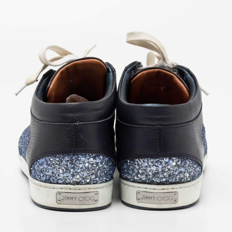Pre Owned Jimmy Choo Blue Glitter And Leather Low Top Sneakers Size 38