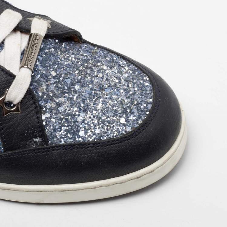 Pre Owned Jimmy Choo Blue Glitter And Leather Low Top Sneakers Size 38