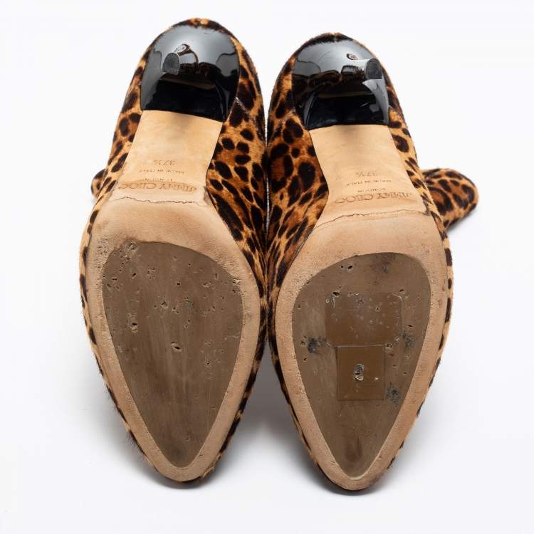 Pre Owned Jimmy Choo Beige/Brown Leopard Print Calf Hair Ankle Booties Size 37.5