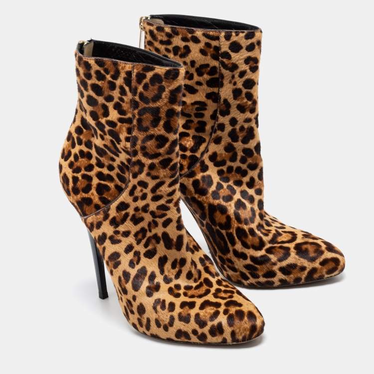 Pre Owned Jimmy Choo Beige/Brown Leopard Print Calf Hair Ankle Booties Size 37.5