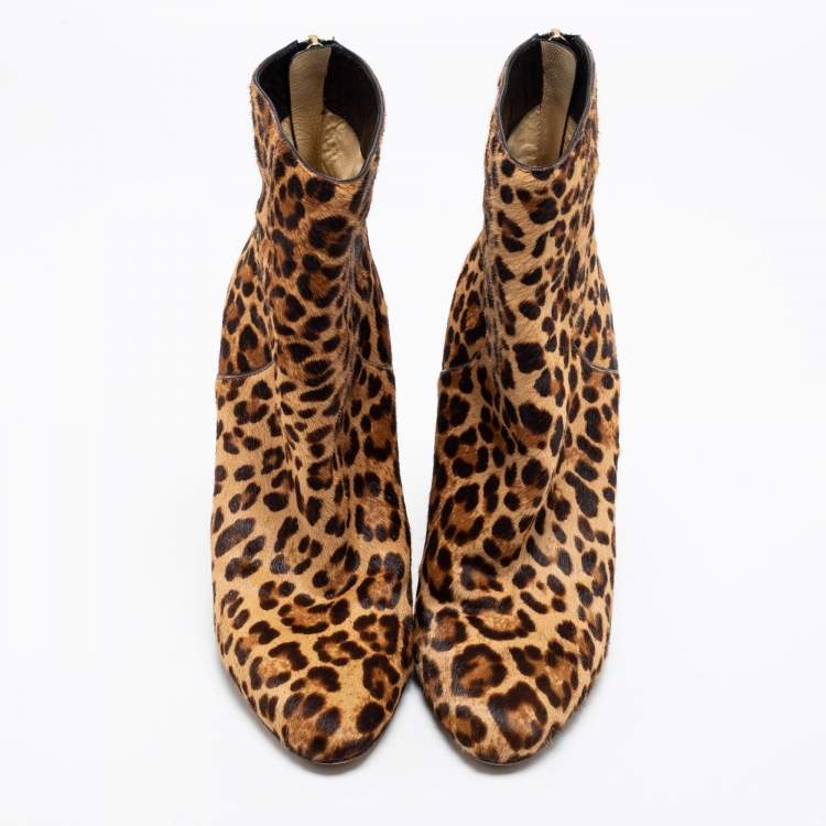 Pre Owned Jimmy Choo Beige/Brown Leopard Print Calf Hair Ankle Booties Size 37.5