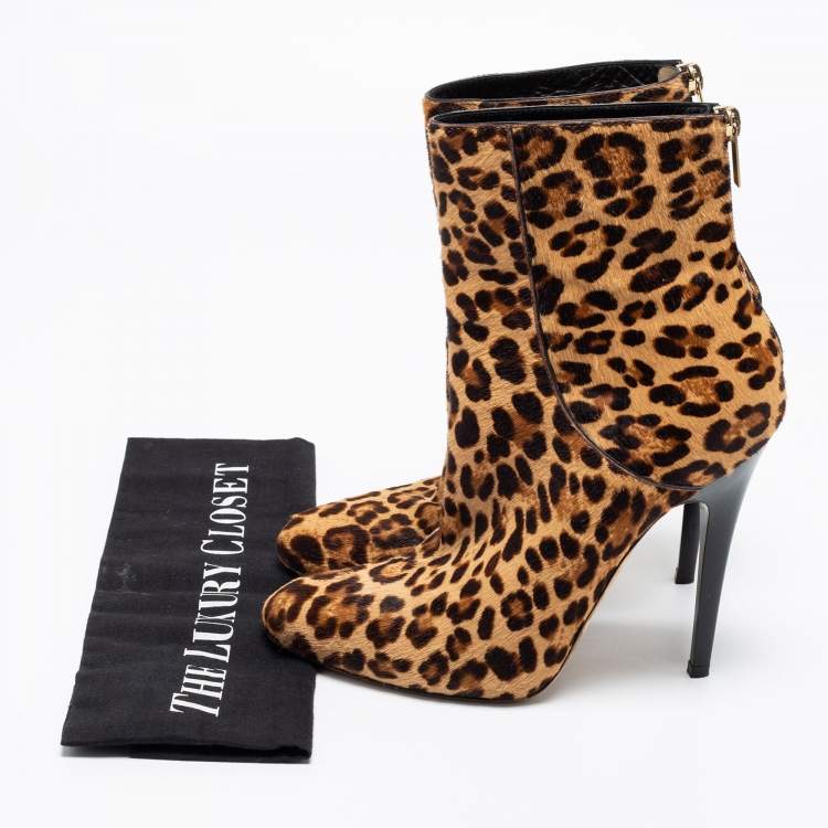 Pre Owned Jimmy Choo Beige/Brown Leopard Print Calf Hair Ankle Booties Size 37.5