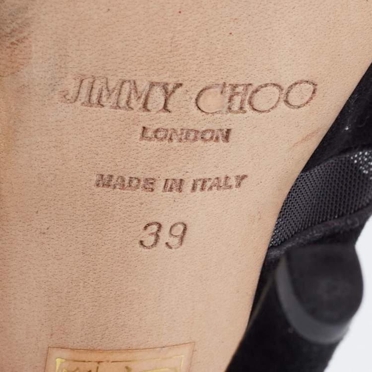 Pre Owned Jimmy Choo Black Suede and Mesh Peep-Toe Platform Ankle Booties Size 39