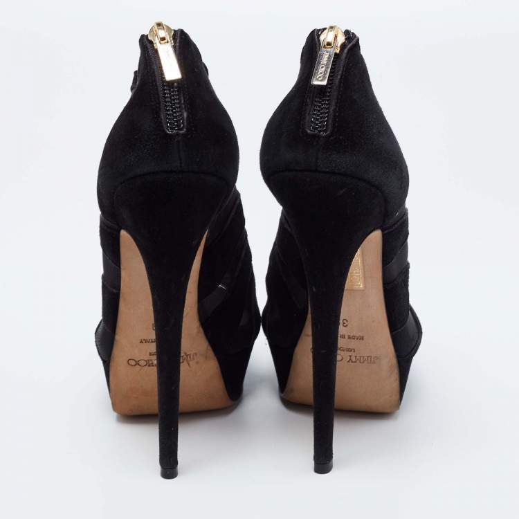 Pre Owned Jimmy Choo Black Suede and Mesh Peep-Toe Platform Ankle Booties Size 39