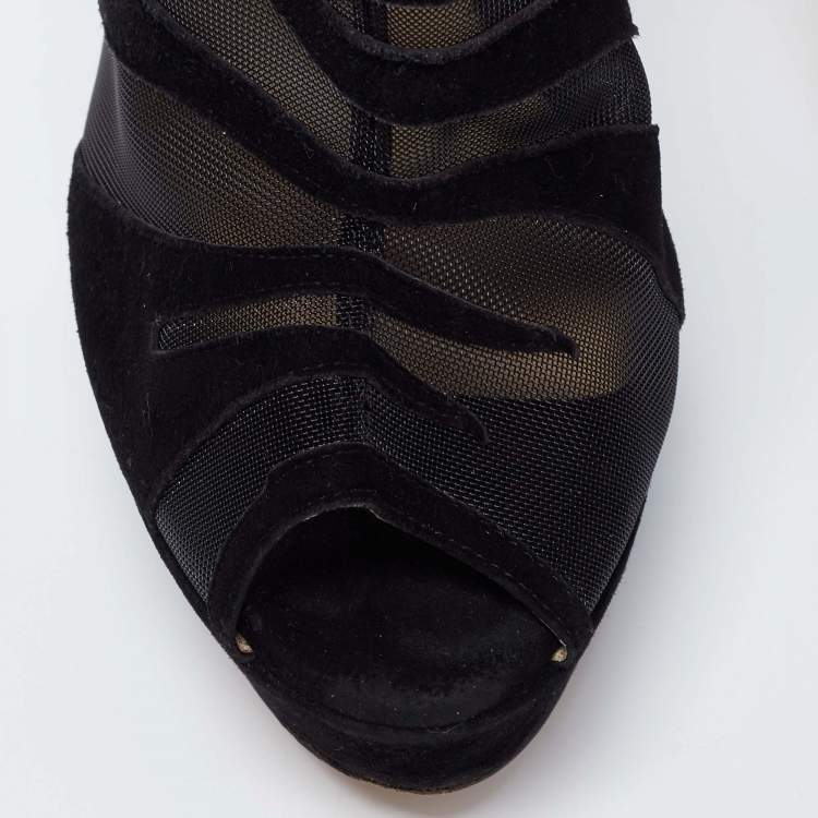 Pre Owned Jimmy Choo Black Suede and Mesh Peep-Toe Platform Ankle Booties Size 39