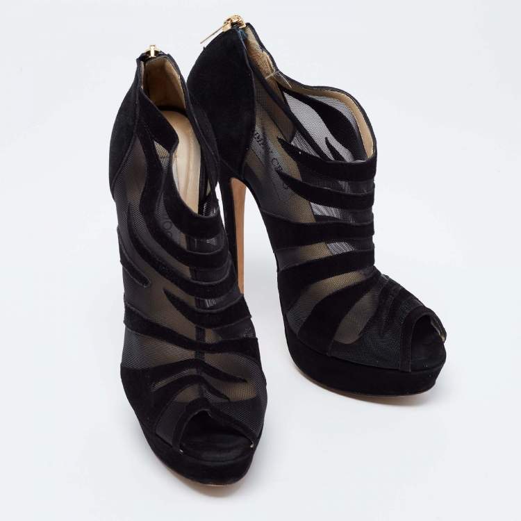 Pre Owned Jimmy Choo Black Suede and Mesh Peep-Toe Platform Ankle Booties Size 39
