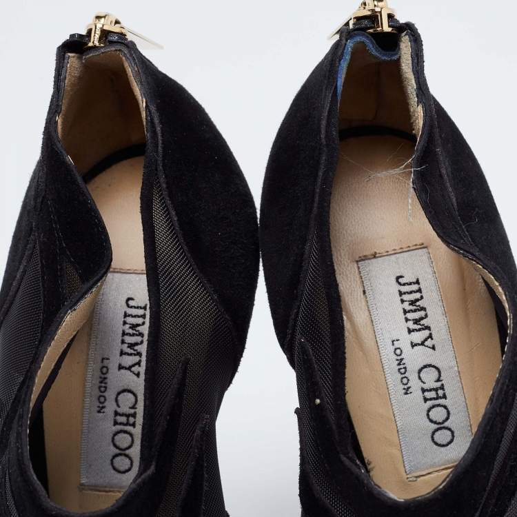 Pre Owned Jimmy Choo Black Suede and Mesh Peep-Toe Platform Ankle Booties Size 39