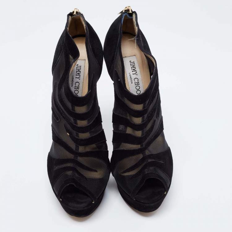 Pre Owned Jimmy Choo Black Suede and Mesh Peep-Toe Platform Ankle Booties Size 39