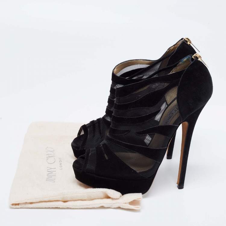 Pre Owned Jimmy Choo Black Suede and Mesh Peep-Toe Platform Ankle Booties Size 39