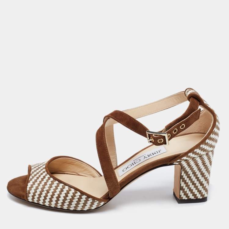 Pre Owned Jimmy Choo Brown/Cream Raffia And Suede Ankle Strap Sandals Size 35.5