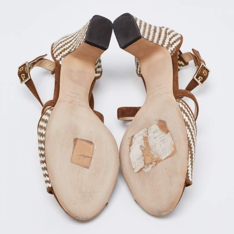 Pre Owned Jimmy Choo Brown/Cream Raffia And Suede Ankle Strap Sandals Size 35.5