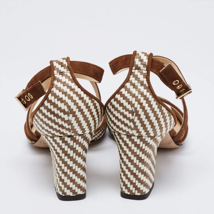 Pre Owned Jimmy Choo Brown/Cream Raffia And Suede Ankle Strap Sandals Size 35.5