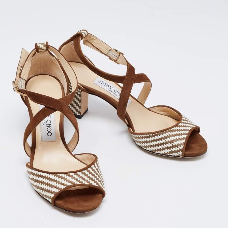 Pre Owned Jimmy Choo Brown/Cream Raffia And Suede Ankle Strap Sandals Size 35.5