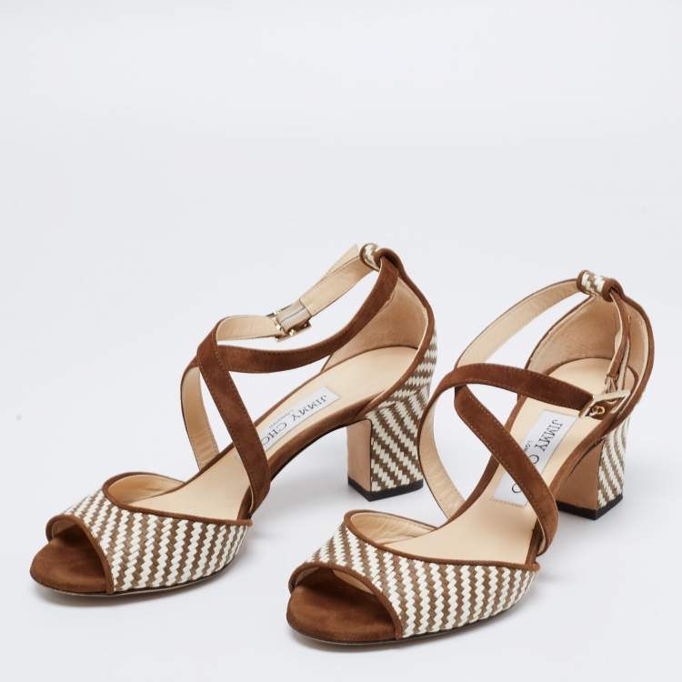 Pre Owned Jimmy Choo Brown/Cream Raffia And Suede Ankle Strap Sandals Size 35.5