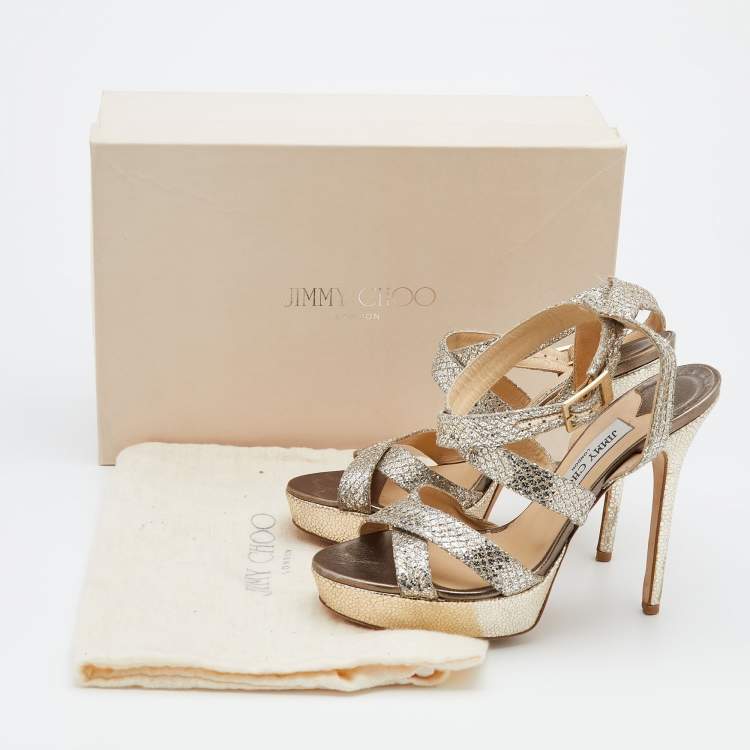 مملوكة مسبقًا Jimmy Choo Metallic Gold/Silver Glitter Vamp Platform Strappy Sandals Size 37.5