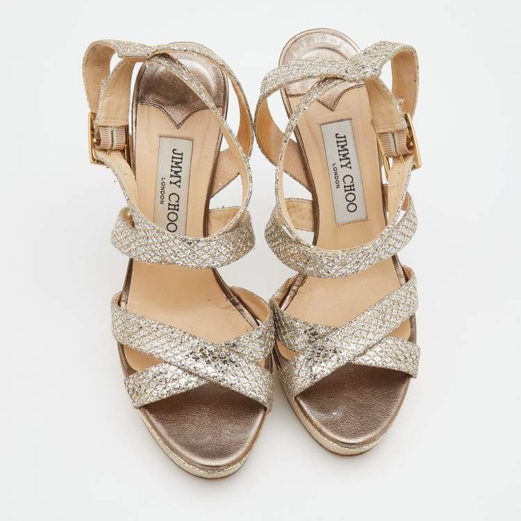 مملوكة مسبقًا Jimmy Choo Metallic Gold/Silver Glitter Vamp Platform Strappy Sandals Size 37.5