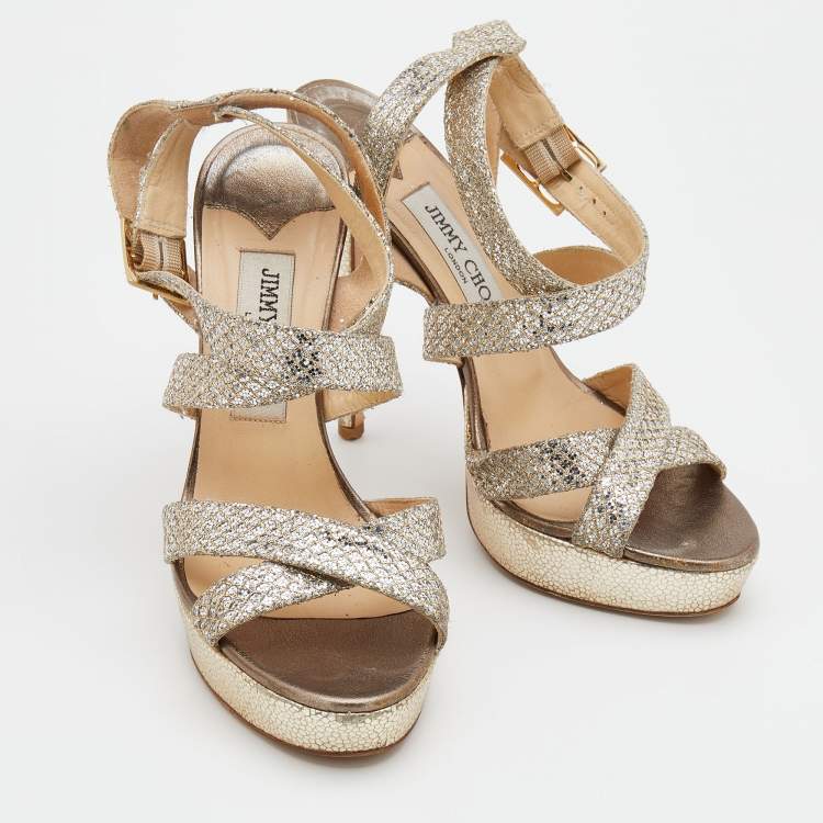 مملوكة مسبقًا Jimmy Choo Metallic Gold/Silver Glitter Vamp Platform Strappy Sandals Size 37.5