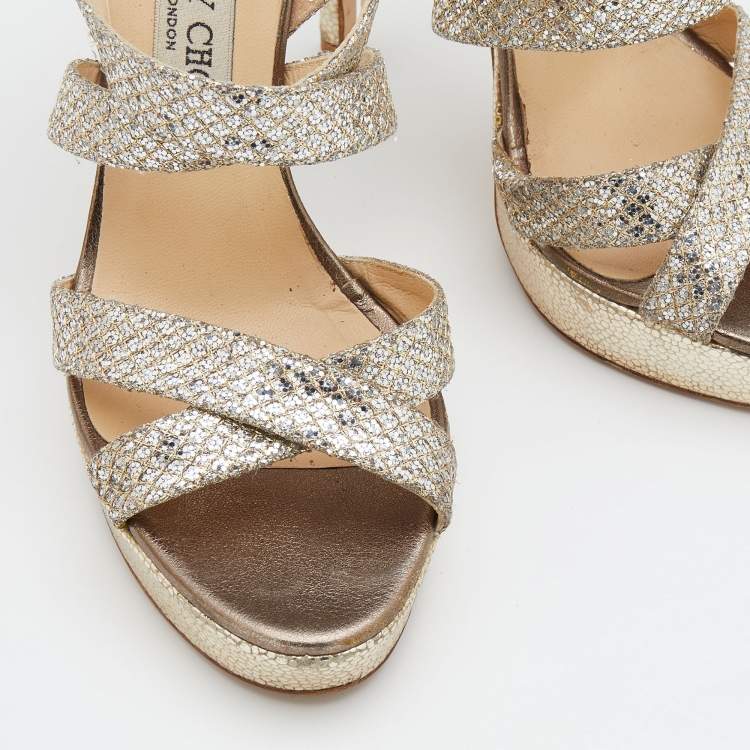 مملوكة مسبقًا Jimmy Choo Metallic Gold/Silver Glitter Vamp Platform Strappy Sandals Size 37.5