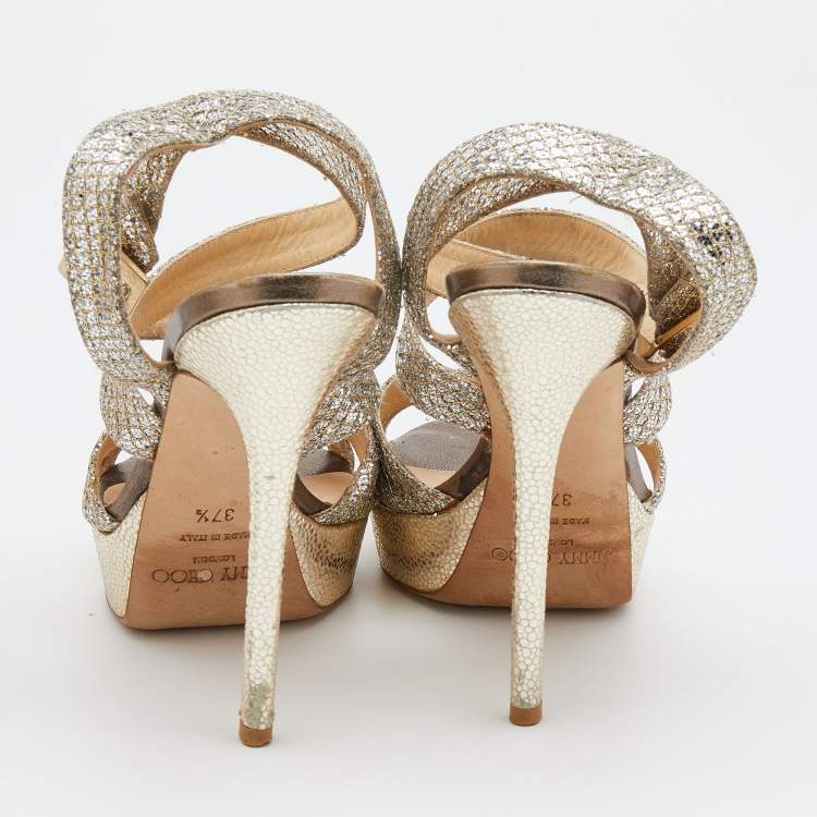 مملوكة مسبقًا Jimmy Choo Metallic Gold/Silver Glitter Vamp Platform Strappy Sandals Size 37.5