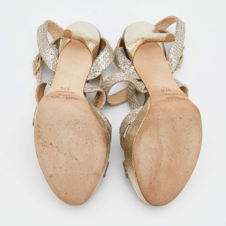 مملوكة مسبقًا Jimmy Choo Metallic Gold/Silver Glitter Vamp Platform Strappy Sandals Size 37.5