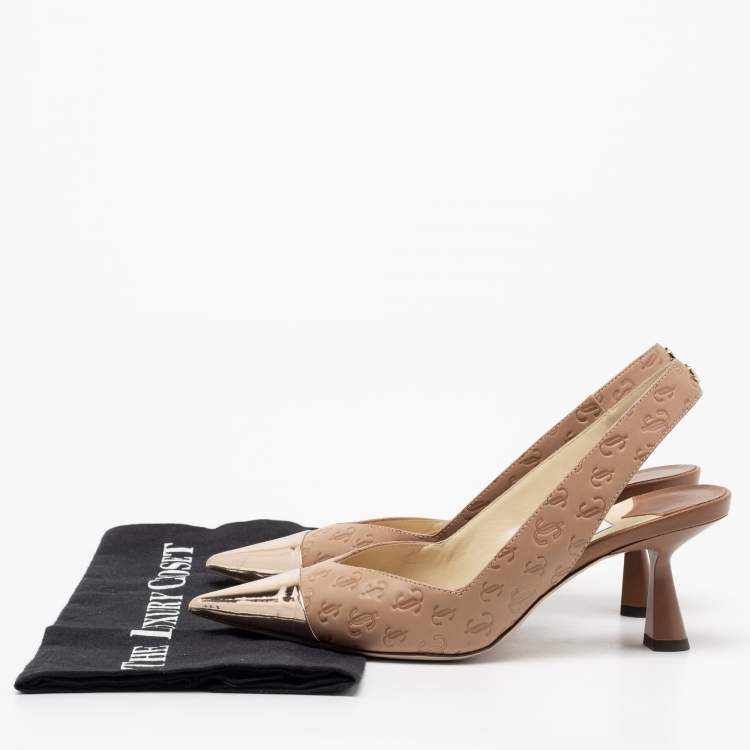 Pre Owned Jimmy Choo Beige Logo Embossed Leather And Patent Sling Back Pumps Size 35.5