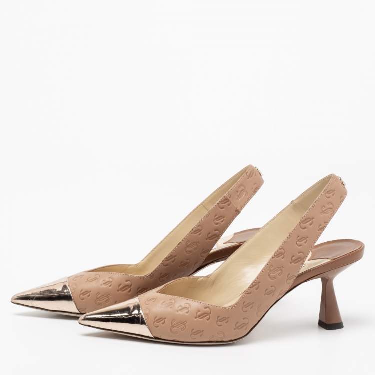 Pre Owned Jimmy Choo Beige Logo Embossed Leather And Patent Sling Back Pumps Size 35.5
