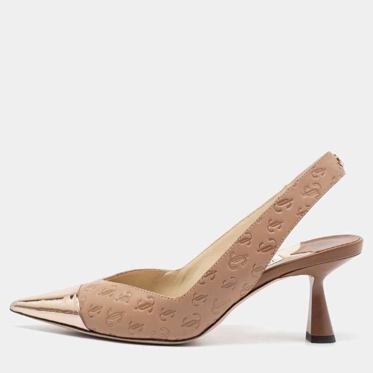 Pre Owned Jimmy Choo Beige Logo Embossed Leather And Patent Sling Back Pumps Size 35.5