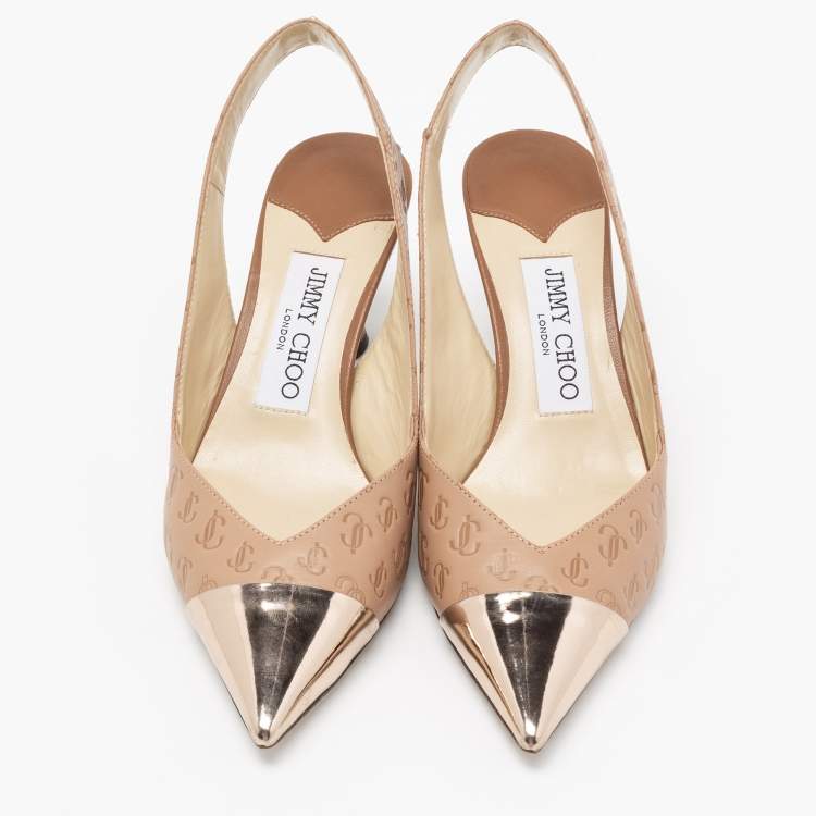 Pre Owned Jimmy Choo Beige Logo Embossed Leather And Patent Sling Back Pumps Size 35.5