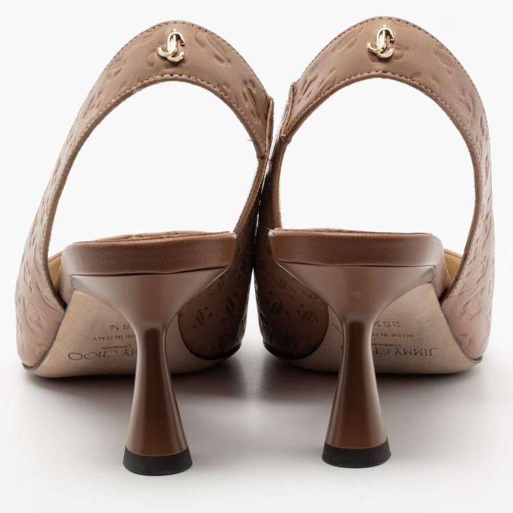 Pre Owned Jimmy Choo Beige Logo Embossed Leather And Patent Sling Back Pumps Size 35.5