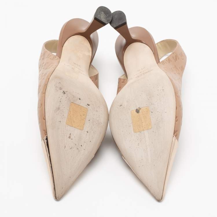 Pre Owned Jimmy Choo Beige Logo Embossed Leather And Patent Sling Back Pumps Size 35.5