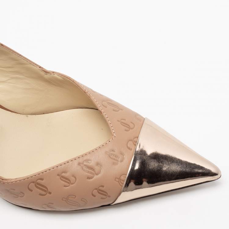 Pre Owned Jimmy Choo Beige Logo Embossed Leather And Patent Sling Back Pumps Size 35.5