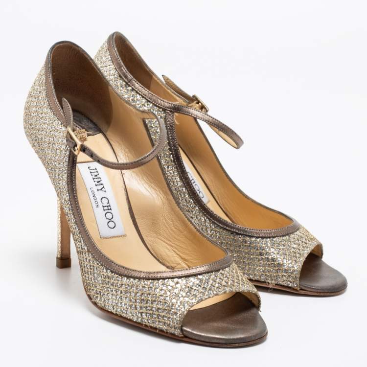 Pre Owned Jimmy Choo Silver/Gold Glitter And Leather Mary Jane Pumps Size 37.5