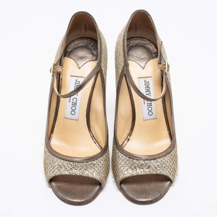 Pre Owned Jimmy Choo Silver/Gold Glitter And Leather Mary Jane Pumps Size 37.5
