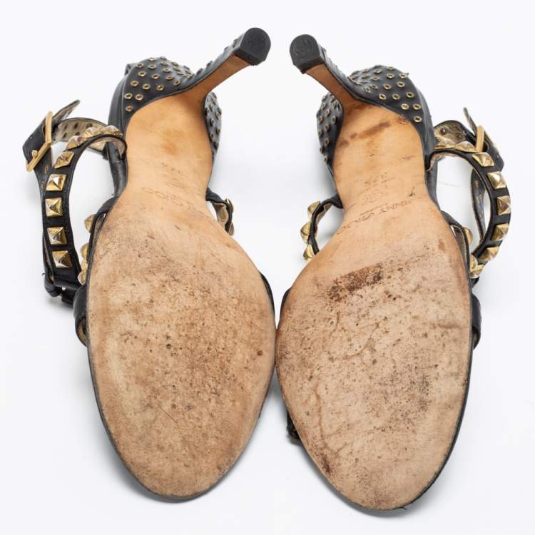 Pre Owned Jimmy Choo Black Leather Studded Ankle Strap Sandals Size 37.5