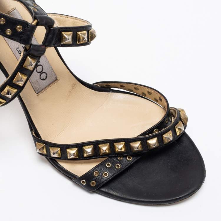 Pre Owned Jimmy Choo Black Leather Studded Ankle Strap Sandals Size 37.5