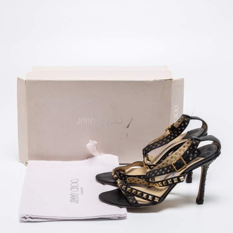 Pre Owned Jimmy Choo Black Leather Studded Ankle Strap Sandals Size 37.5
