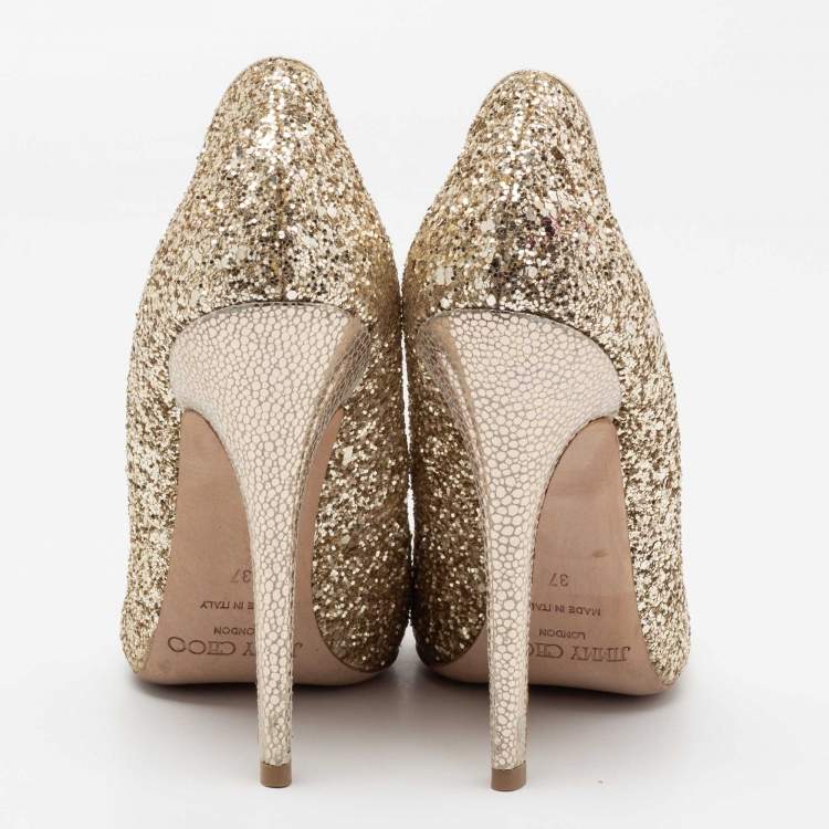 Pre Owned Jimmy Choo Gold Coarse Glitter Victoria Pumps Size 37