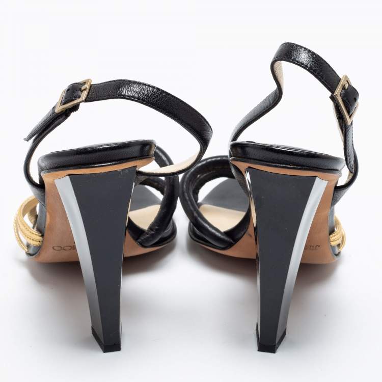 Pre Owned Jimmy Choo Black/Gold Leather Slingback Sandals Size 38